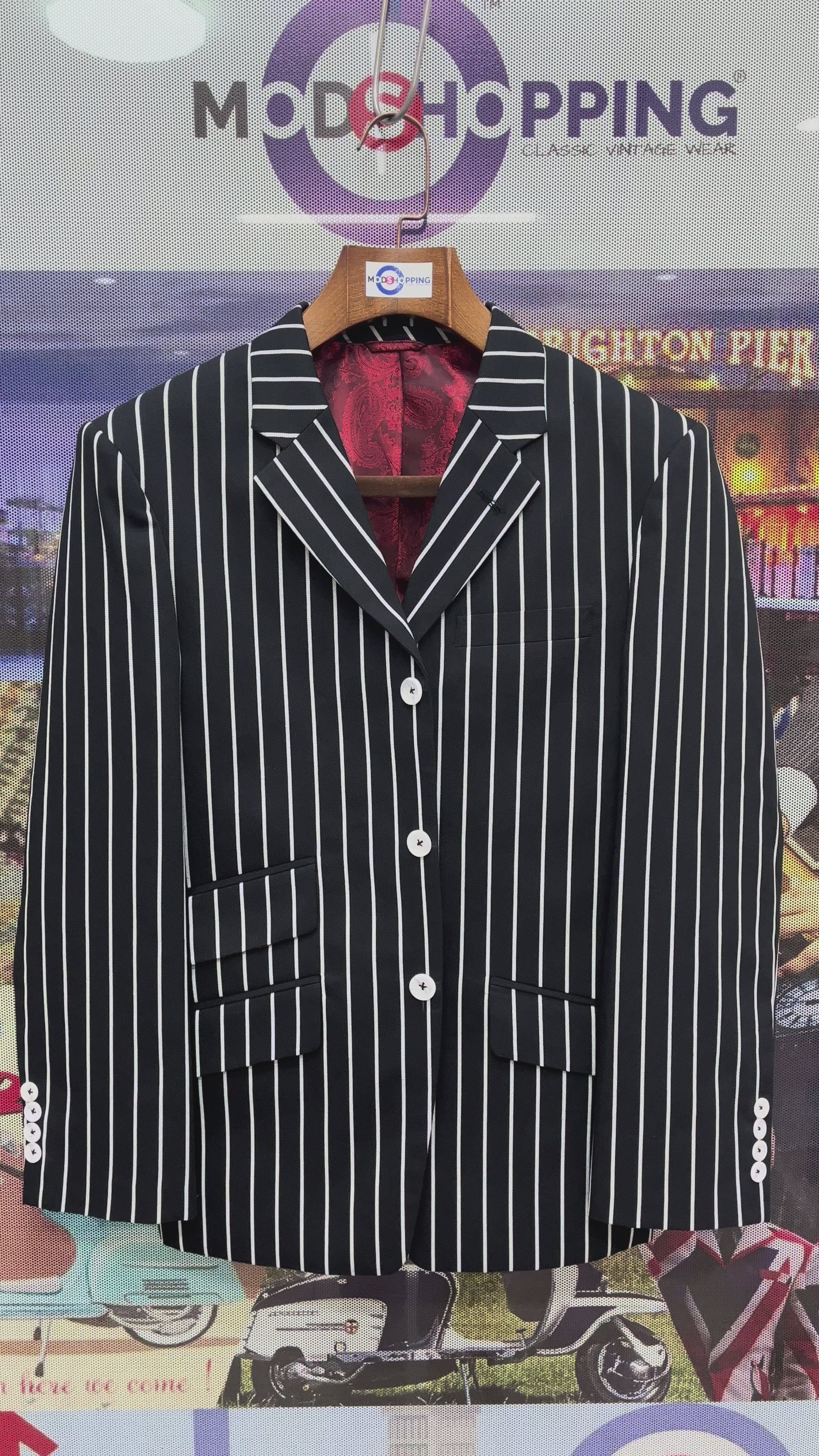Load video: Boating Jacket | Mod Striped Black Boating Blazer