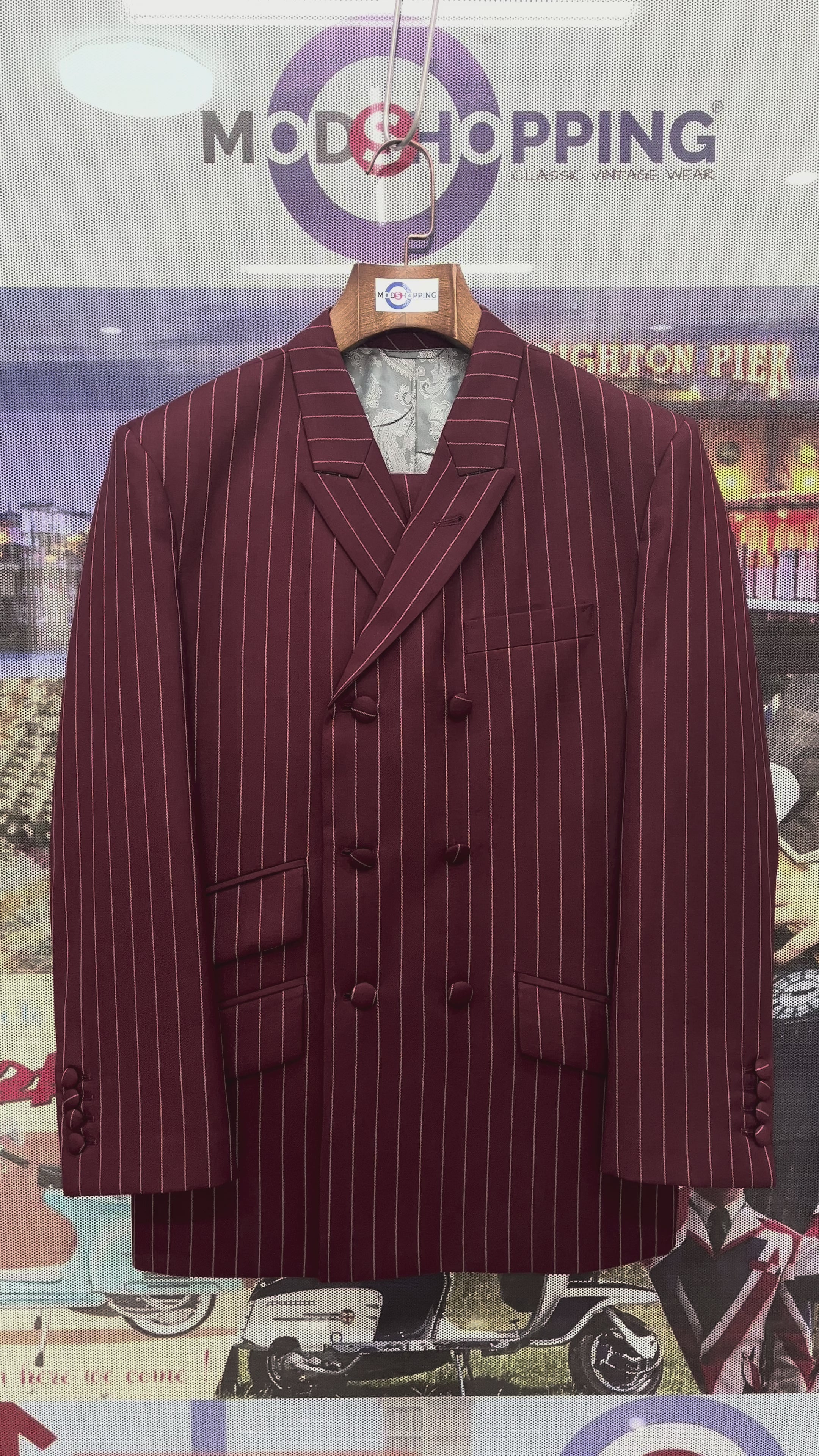 Load video: Double Breasted Suit - Burgundy and White Striped Suit