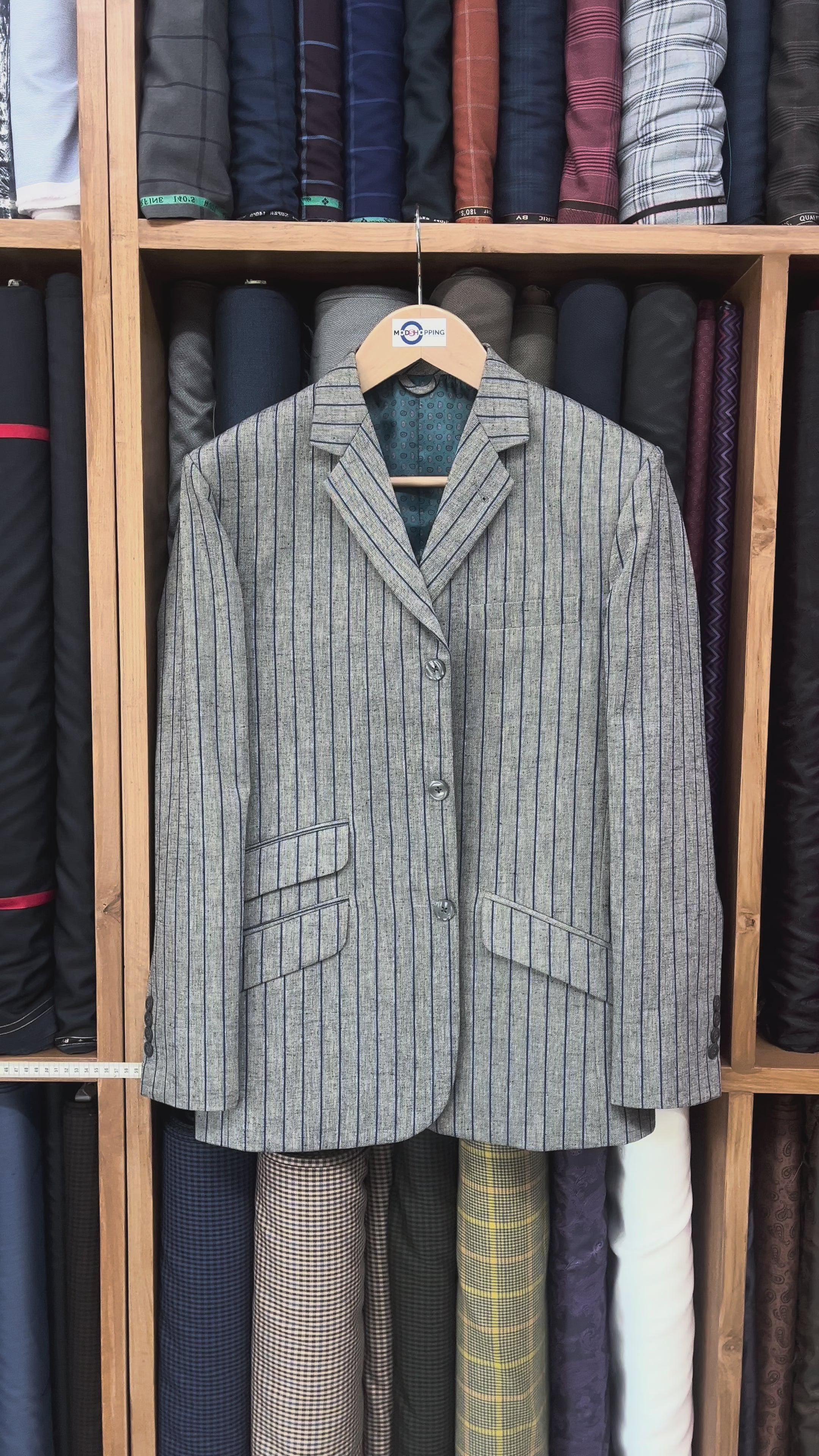 Load video: Boating Blazer - Grey and Blue Striped Blazer