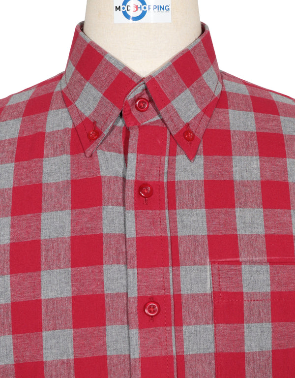 Button Down Shirt - Red and Grey Large Gingham Check Shirt