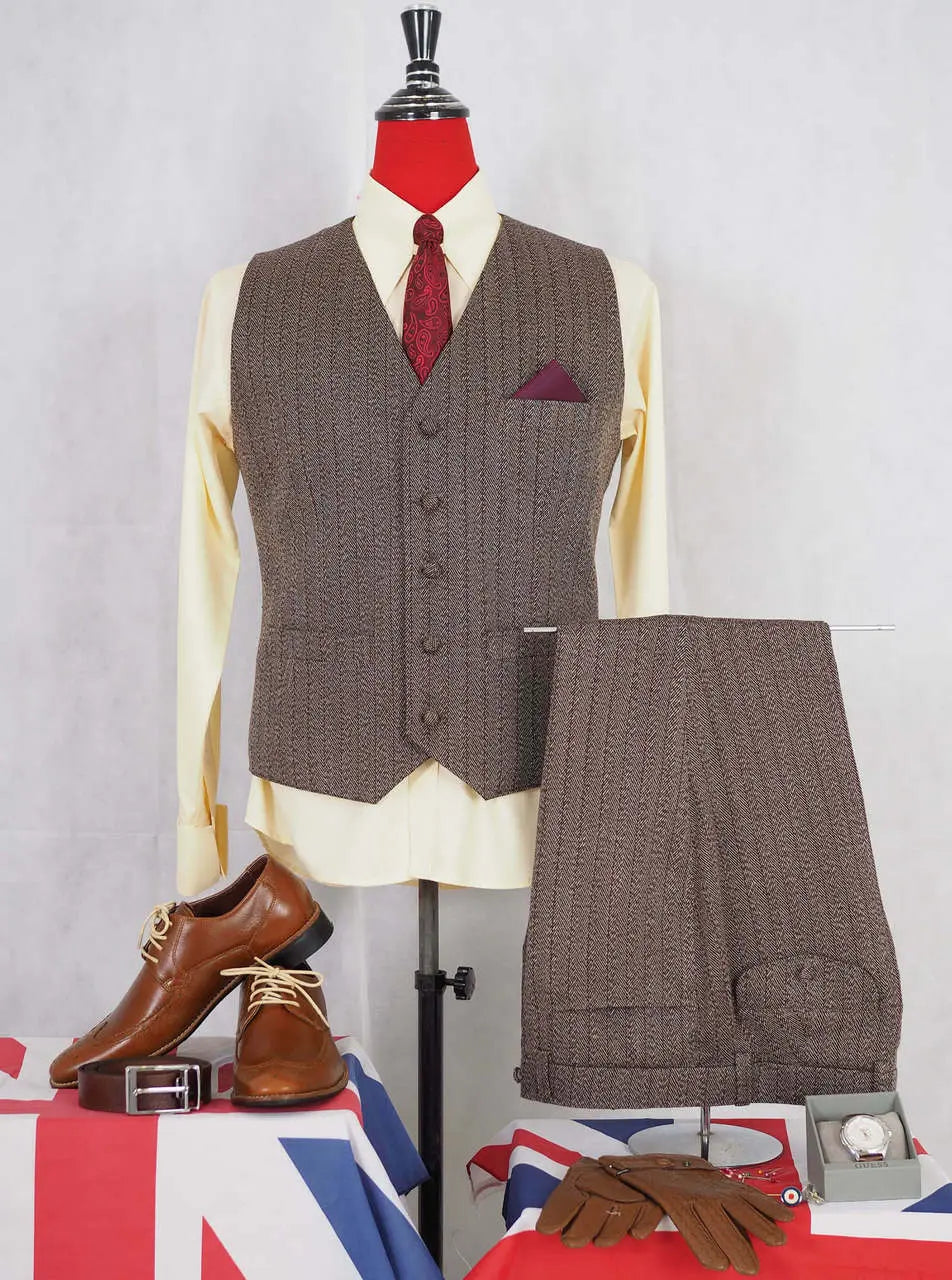 3 Piece Suit | Brown Herringbone Tweed Suit Modshopping Clothing