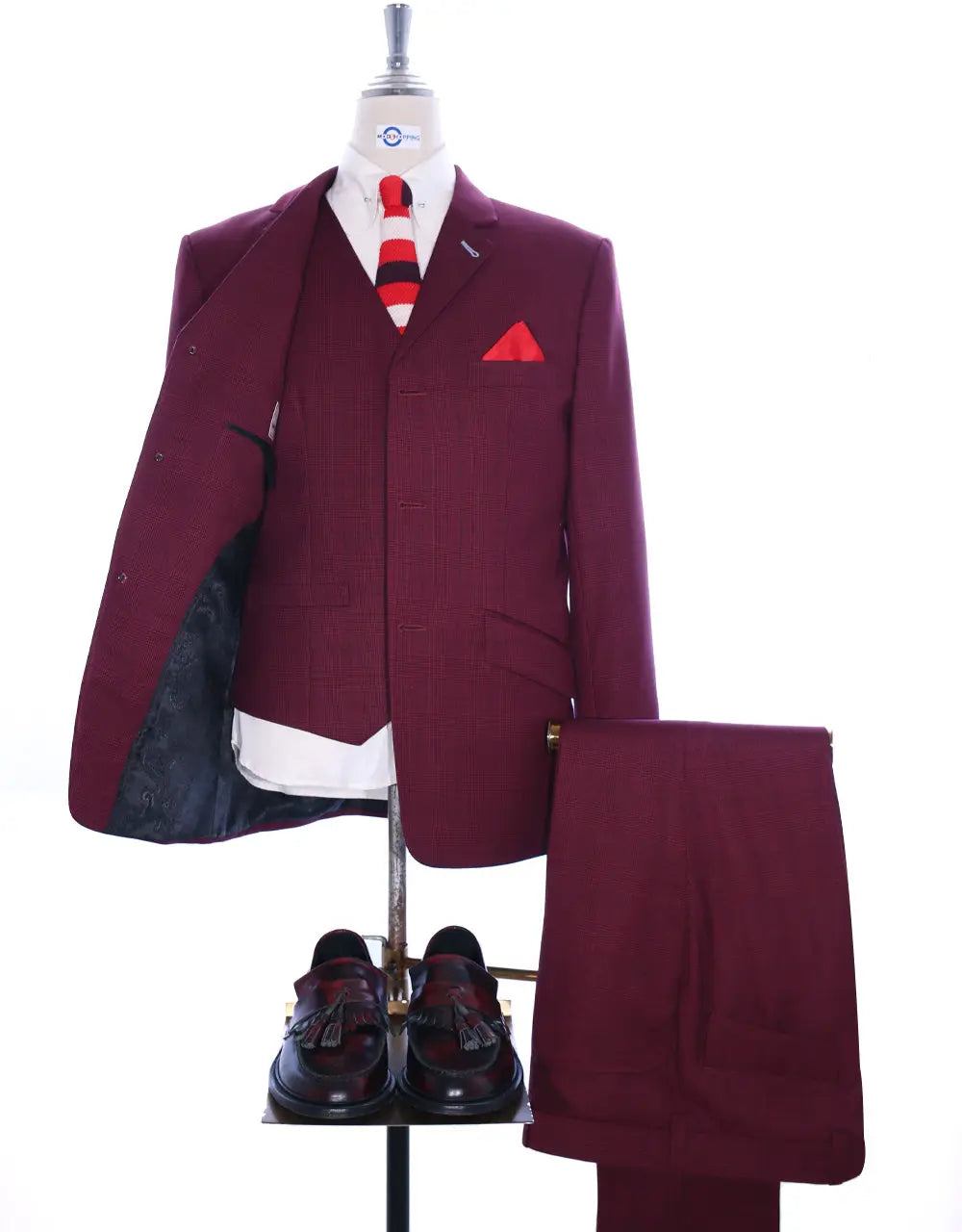 3 Piece Suit | Burgundy Prince Of Wales Suit For Men Modshopping Clothing