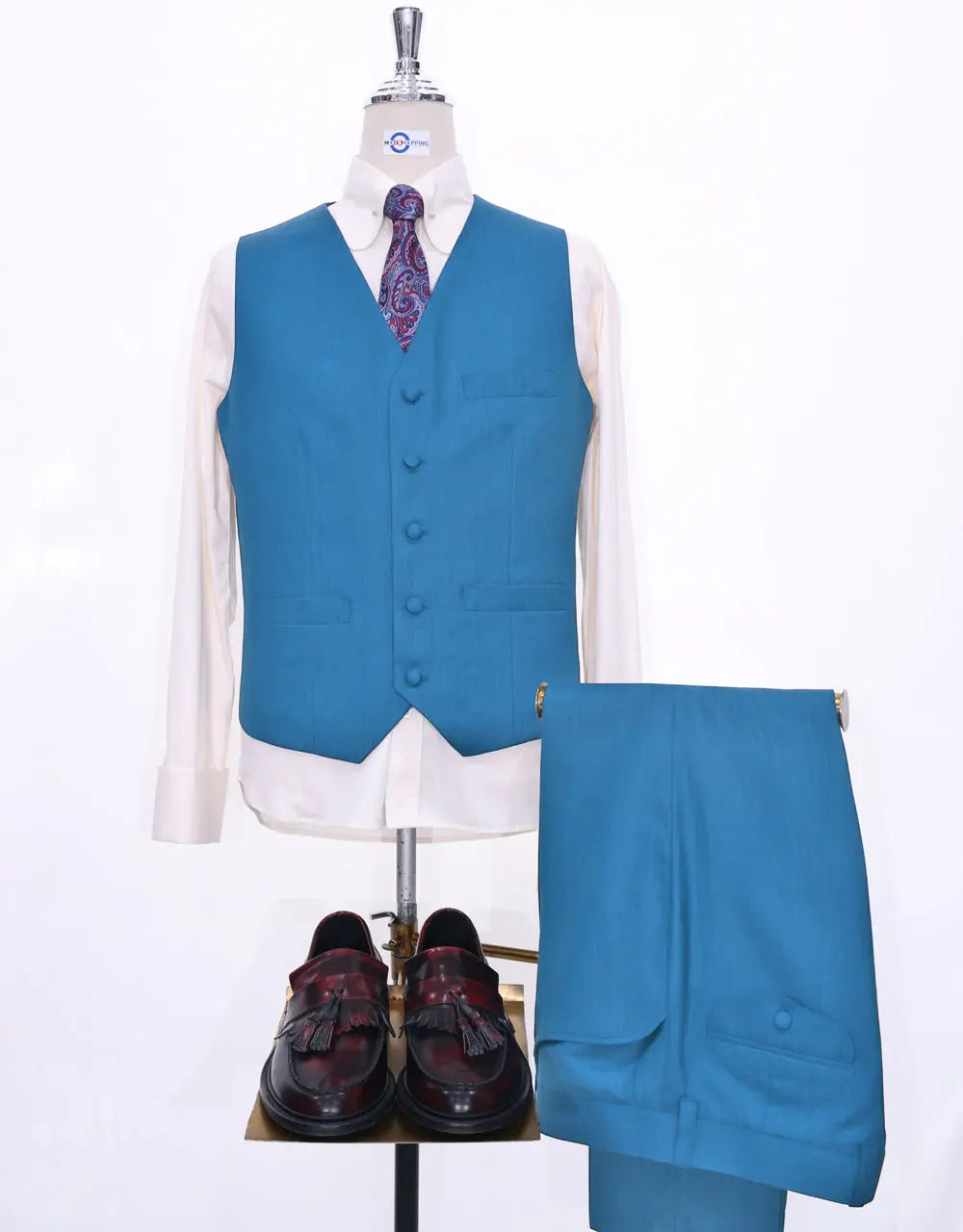 3 Piece Suit | Deep Sky Blue Herringbone Suit Modshopping Clothing