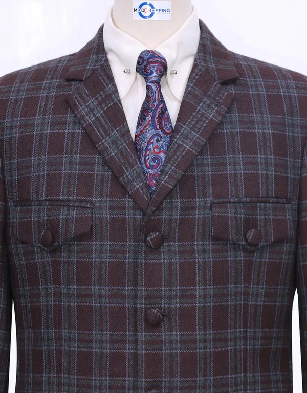 Brown Windowpane Check 4 Button Tweed Jacket  Size 38R Modshopping Clothing