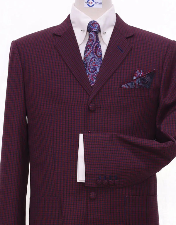 Burgundy Houndstooth Suit Jacket Size 38R Trouser 32/32 Modshopping Clothing
