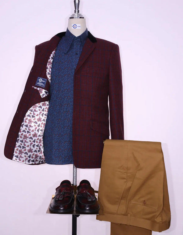 Burgundy Prince Of Wales Check Tweed Jacket Size 38R Modshopping Clothing