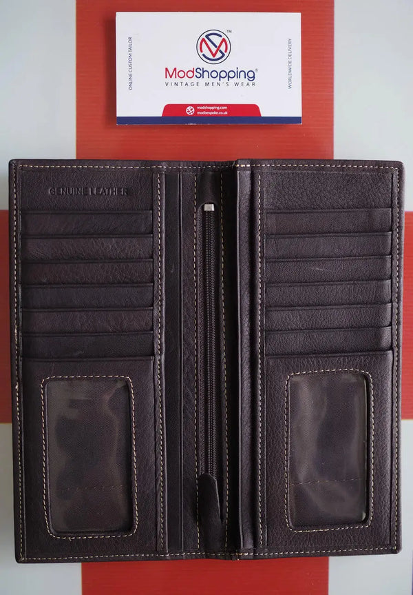 Dark brown long leather wallet The rough surface of the leather is easy to carry Modshopping Clothing