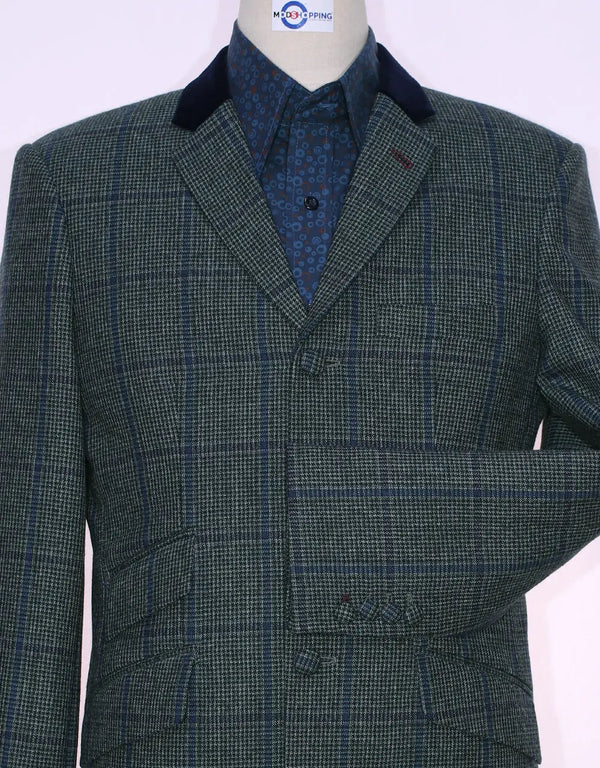 Grey Green Windowpane Check Tweed Jacket Size 38R Modshopping Clothing