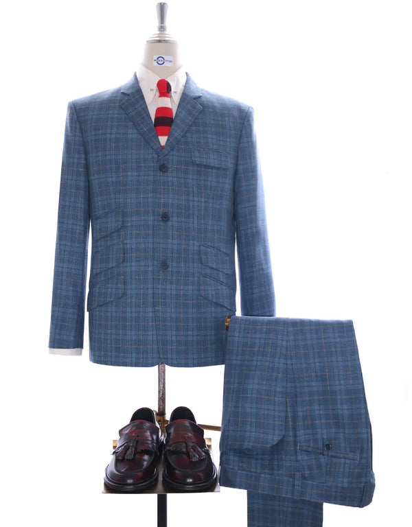 Linen Suit - Blue Prince Of Wales Check Suit Modshopping Clothing