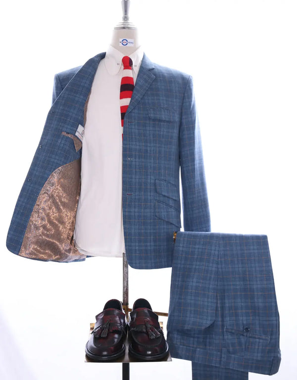 Linen Suit - Blue Prince Of Wales Check Suit Modshopping Clothing
