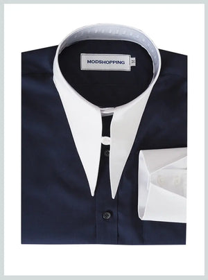 Long Spearpoint Tab Collar Navy Blue Shirt Modshopping Clothing