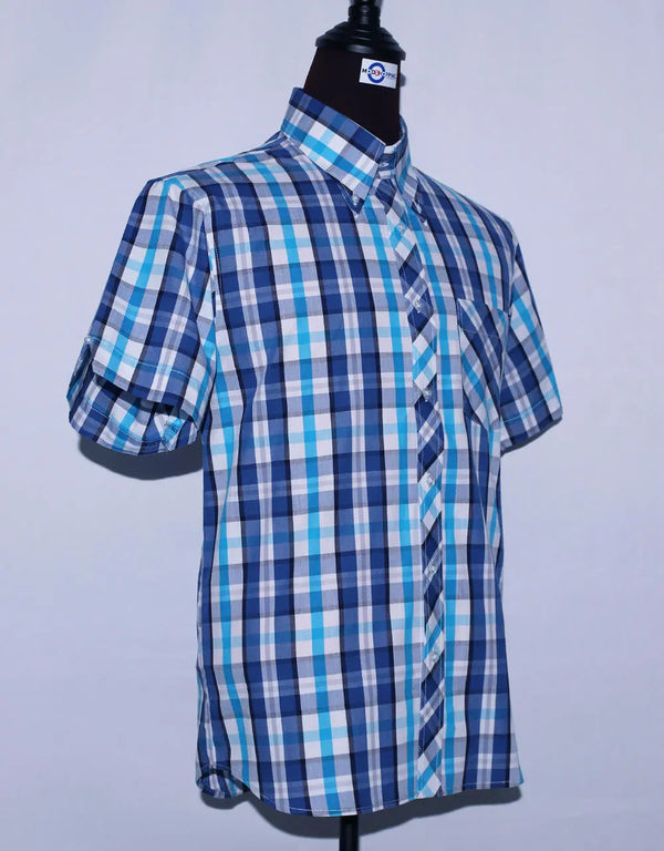 Men's Short Sleeve Blue And Sky Blue Plaid Shirt Size M Modshopping Clothing