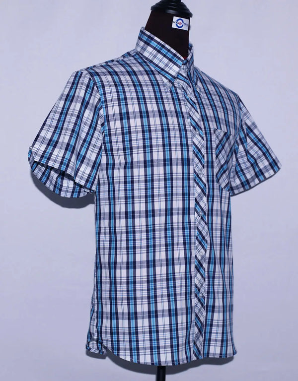 Men's Short Sleeve Blue And White Plaid Shirt Size M Modshopping Clothing