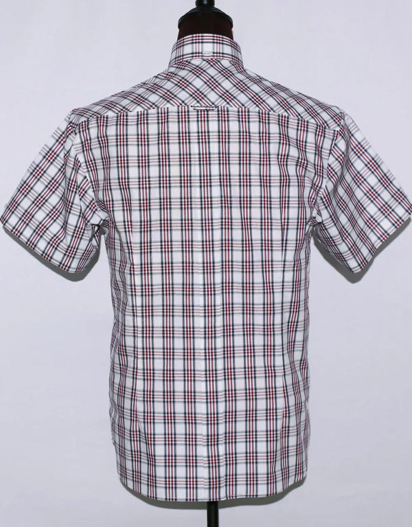 Men's Short Sleeve Classic White And Burgundy Plaid Shirt Size M Modshopping Clothing