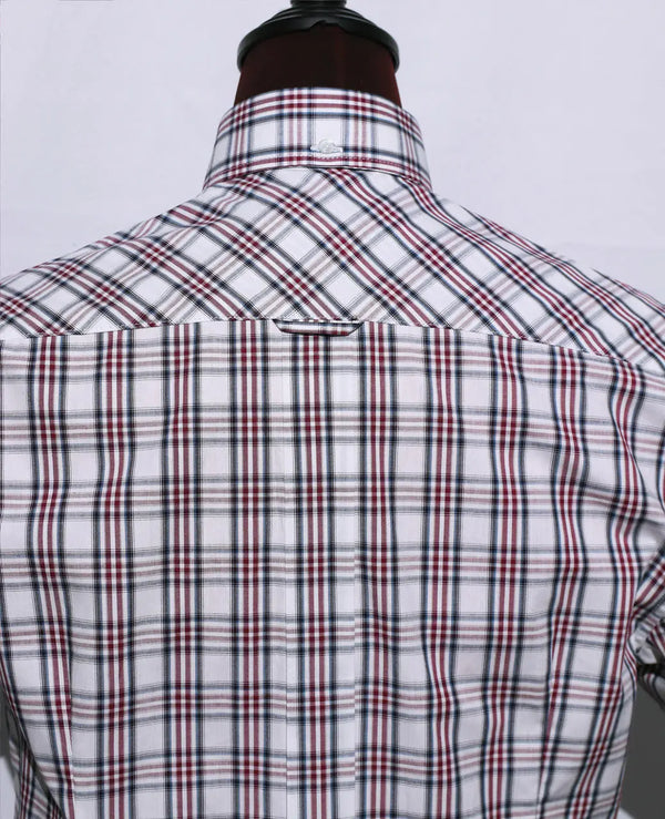 Men's Short Sleeve Classic White And Burgundy Plaid Shirt Size M Modshopping Clothing