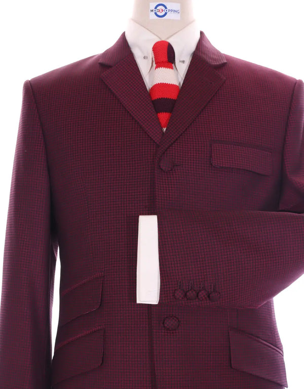 Men's Three Piece Burgundy Check Suit Modshopping Clothing