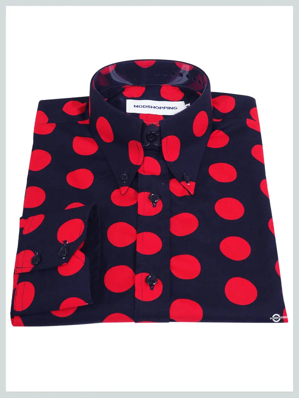 Mod Shirt | Large Navy Blue and Red Polka Dot Shirt Modshopping Clothing