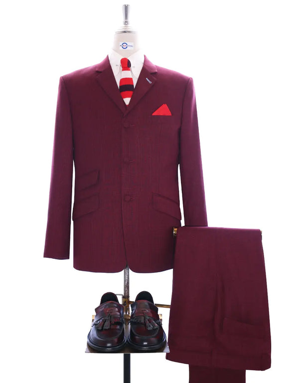 Mod Suit - Burgundy Prince Of Wales Check Suit Modshopping Clothing
