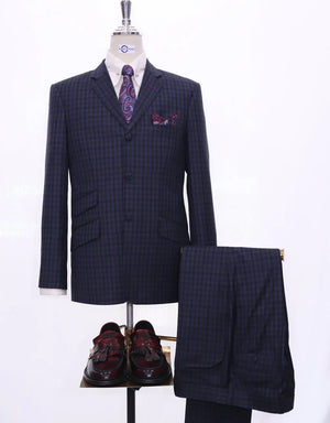 Mod Suit | Navy Blue Gingham Check 3 Button Suit Modshopping Clothing