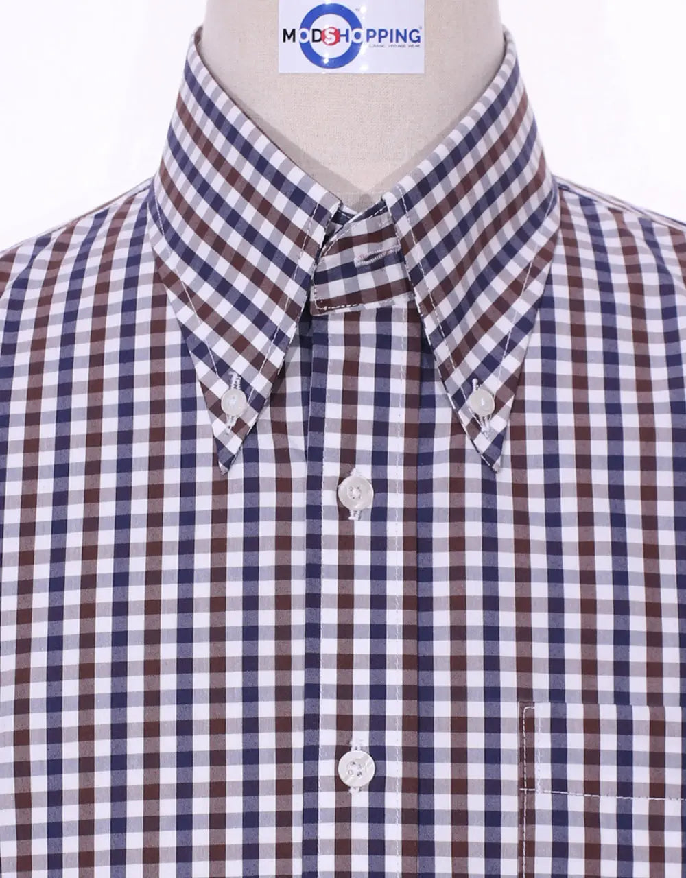 This Shirt Only - Brown And Navy Blue Gingham Check Shirt Modshopping Clothing