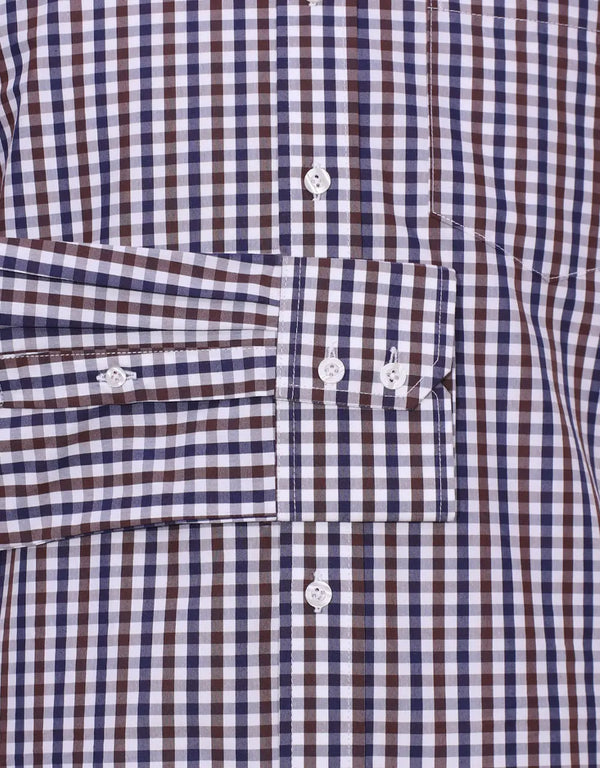 This Shirt Only - Brown And Navy Blue Gingham Check Shirt Modshopping Clothing
