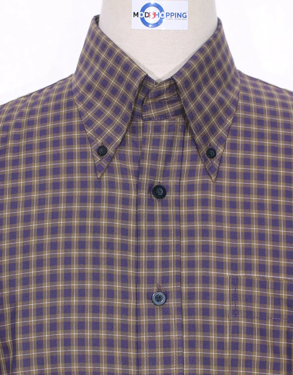 This Shirt Only - Purple And Khaki Gingham Check Shirt Size M Modshopping Clothing