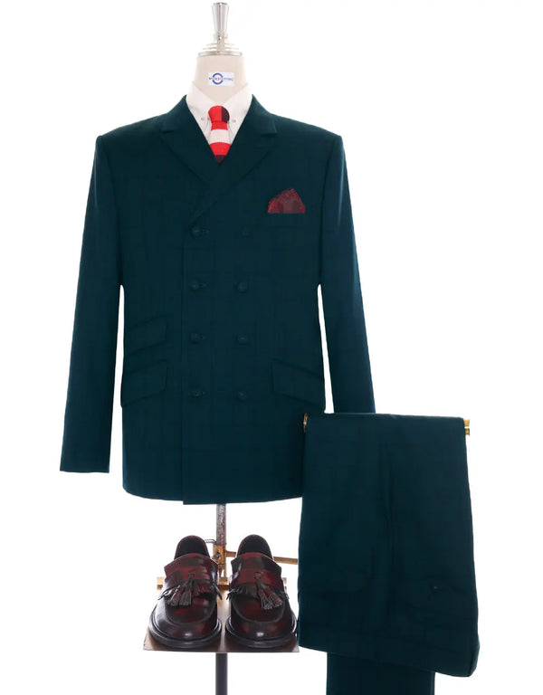 This Suit Only - Dark Sea Green Windowpane Check Double Breasted Suit Modshopping Clothing