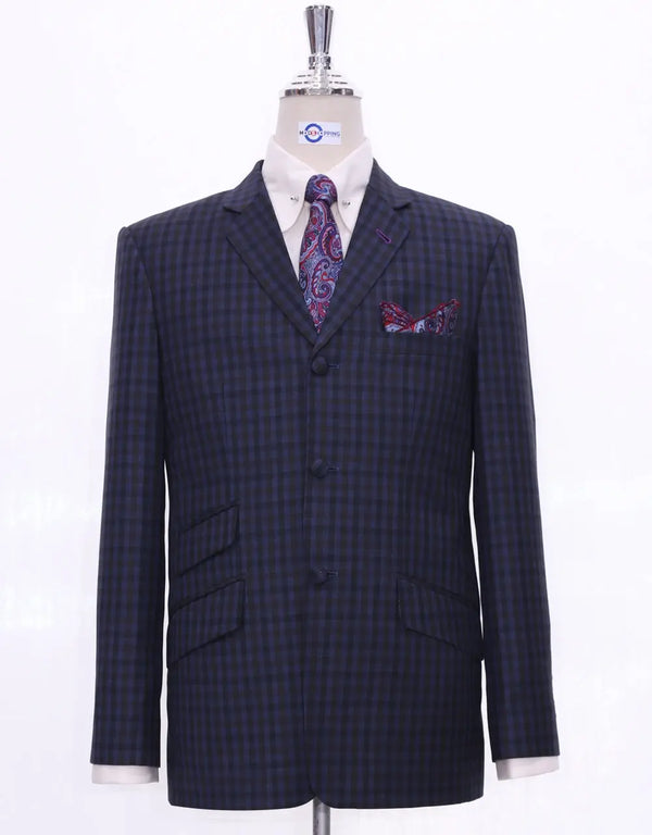 This Suit Only - Navy Blue Gingham Check 3 Button Suit Size 38R Trouser 32/32 Modshopping Clothing