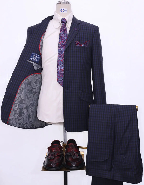 This Suit Only - Navy Blue Gingham Check 3 Button Suit Size 38R Trouser 32/32 Modshopping Clothing