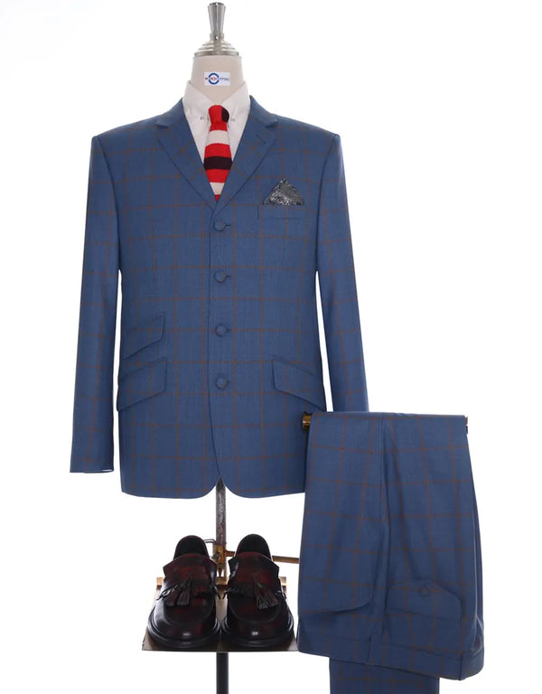 This Suit Only - Navy Blue Windowpane Check Suit - 4 Button Suit Modshopping Clothing